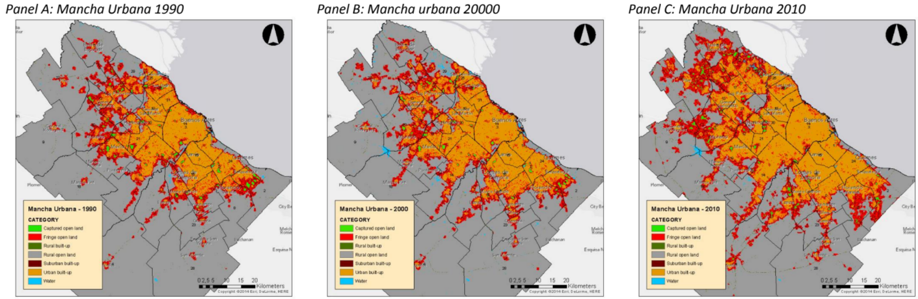 Spatial evolution maps showing urban development across three decades