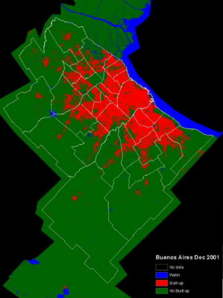 Classified satellite image showing initial three-category classification
